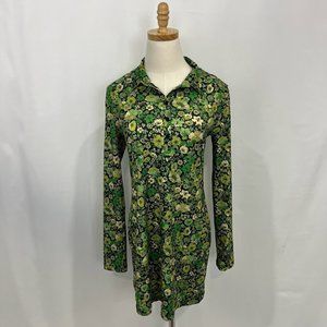Green Floral Long-Sleeve Collared Dress